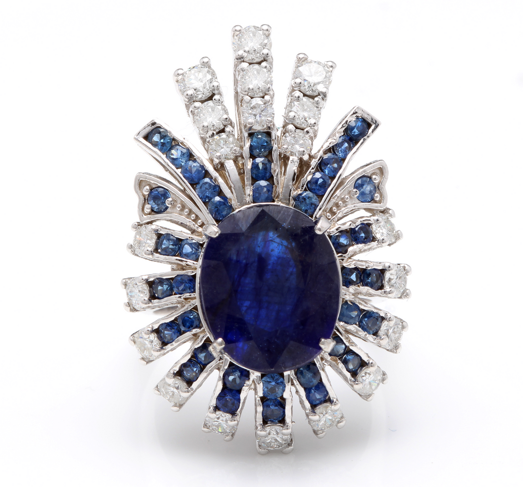 10.25 Carats Exquisite Natural Blue Sapphire and Diamond 14K Solid White Gold Ring