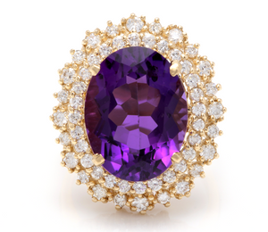 10.40 Carats Natural Impressive Amethyst and Diamond 14K Yellow Gold Ring