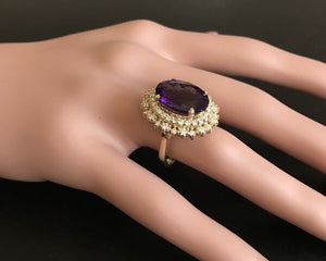 10.40 Carats Natural Impressive Amethyst and Diamond 14K Yellow Gold Ring