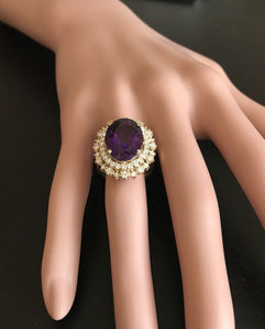 10.40 Carats Natural Impressive Amethyst and Diamond 14K Yellow Gold Ring