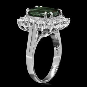 4.30 Carats Natural Green Tourmaline and Diamond 14K Solid White Gold Ring