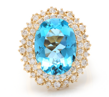 Load image into Gallery viewer, 12.40 Carats Natural Impressive Swiss Blue Topaz and Diamond 14K Yellow Gold Ring