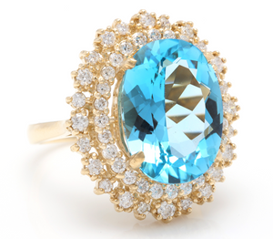 12.40 Carats Natural Impressive Swiss Blue Topaz and Diamond 14K Yellow Gold Ring