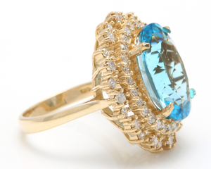 12.40 Carats Natural Impressive Swiss Blue Topaz and Diamond 14K Yellow Gold Ring