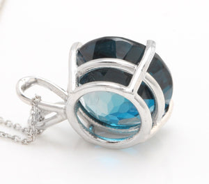 9.35 Carat Natural London Blue Topaz 14K Solid White Gold Pendant with Chain