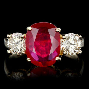 5.00 Carats Red Ruby and Natural Diamond 14k Solid Yellow Gold Ring