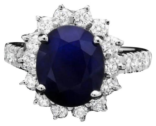 5.70 Carats Natural Blue Sapphire and Diamond 14K Solid White Gold Ring