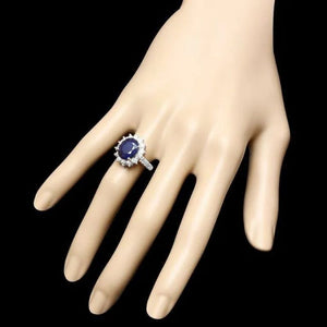 5.70 Carats Natural Blue Sapphire and Diamond 14K Solid White Gold Ring