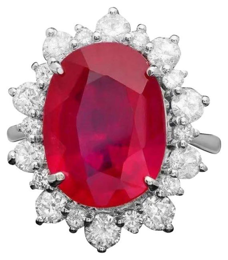 13.30 Carats Natural Red Ruby and Diamond 14K Solid White Gold Ring