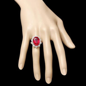 13.30 Carats Natural Red Ruby and Diamond 14K Solid White Gold Ring
