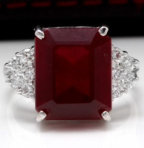 13.00 Carats Impressive Natural Red Ruby and Diamond 14K White Gold Ring