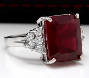 13.00 Carats Impressive Natural Red Ruby and Diamond 14K White Gold Ring
