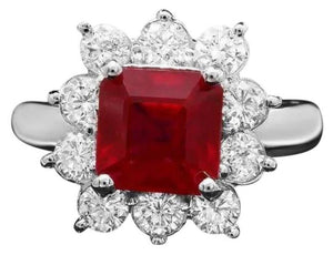 4.50 Carats Natural Red Ruby and Diamond 14K Solid White Gold Ring