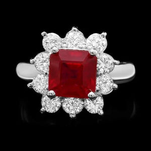 4.50 Carats Natural Red Ruby and Diamond 14K Solid White Gold Ring