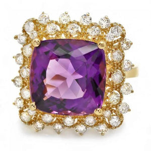 8.10 Carats Natural Impressive Amethyst and Diamond 14K Yellow Gold Ring