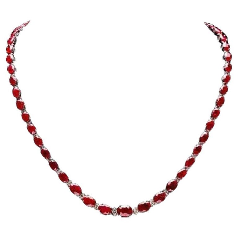 38.30Ct Natural Ruby and Diamond 14K Solid White Gold Necklace