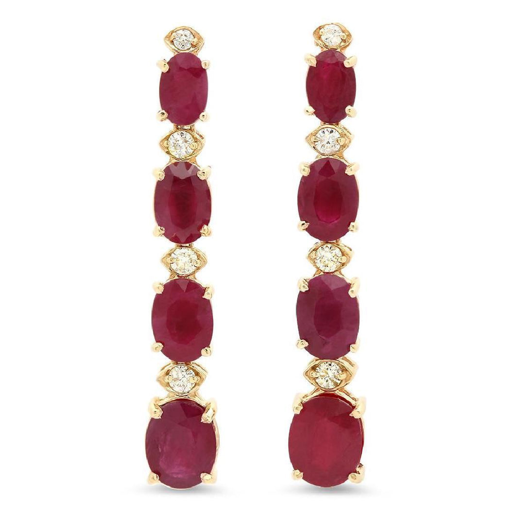 Exquisite 7.30 Carats Natural Red Ruby and Diamond 14K Solid Yellow Gold Earrings