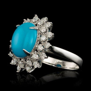 3.90 Carats Natural Turquoise and Diamond 14k Solid White Gold Ring
