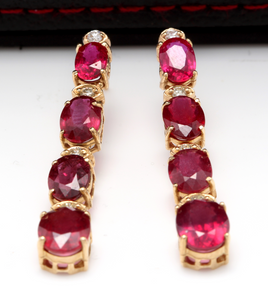 Exquisite 7.30 Carats Natural Red Ruby and Diamond 14K Solid Yellow Gold Earrings