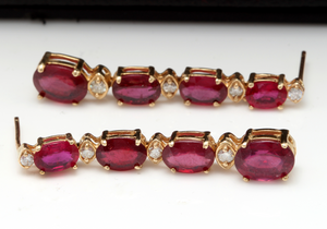 Exquisite 7.30 Carats Natural Red Ruby and Diamond 14K Solid Yellow Gold Earrings