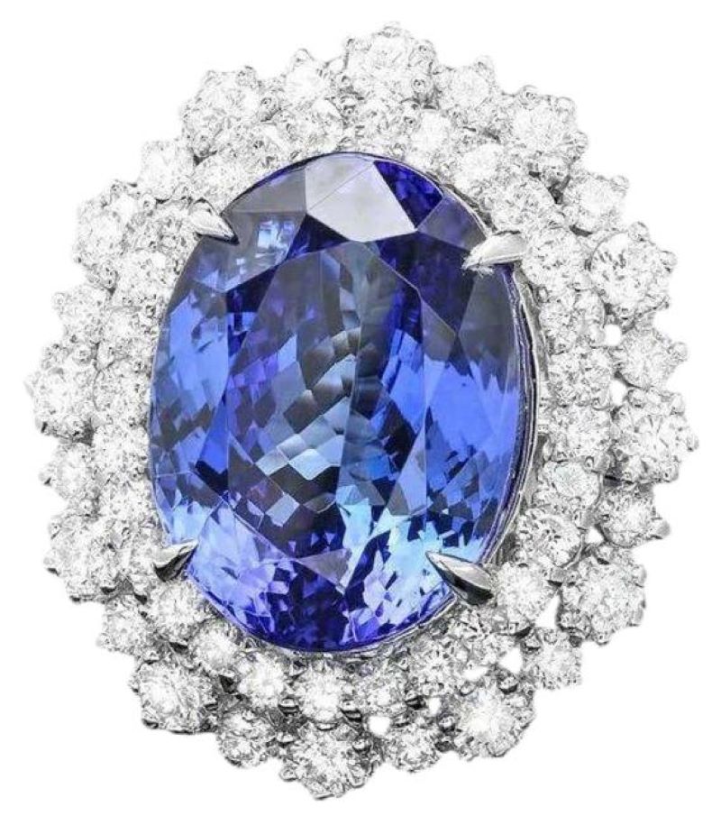 12.80 Carats Natural Tanzanite and Diamond 18K Solid White Gold Ring