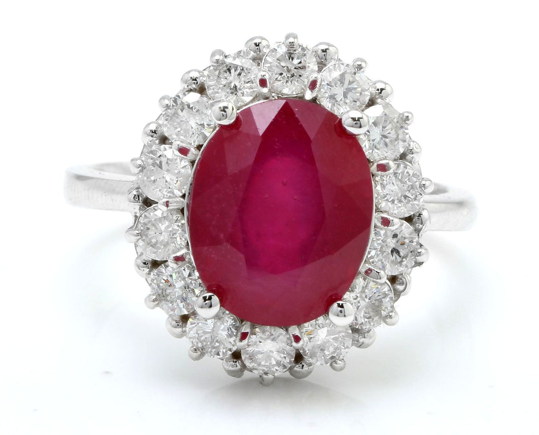 6.15 Carats Impressive Natural Red Ruby and Diamond 14K White Gold Ring