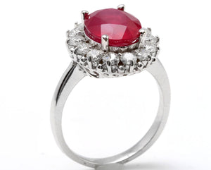 6.15 Carats Impressive Natural Red Ruby and Diamond 14K White Gold Ring