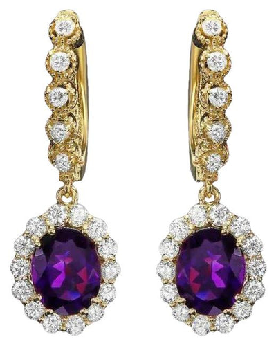 4.80ct Natural Amethyst and Diamond 14K Solid Yellow Gold Earrings