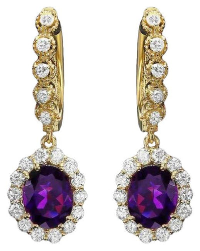 4.80ct Natural Amethyst and Diamond 14K Solid Yellow Gold Earrings