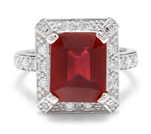 8.05 Carats Impressive Natural Red Ruby and Diamond 14K White Gold Ring