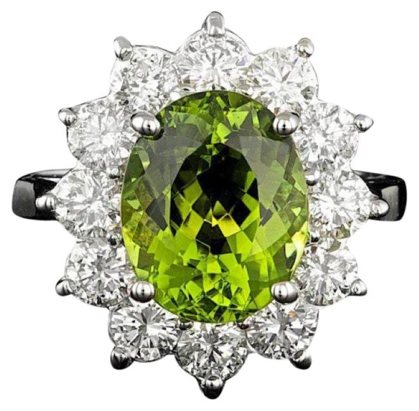 5.60 Carats Natural Green Tourmaline and Diamond 14k Solid White Gold Ring
