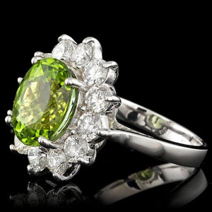 5.60 Carats Natural Green Tourmaline and Diamond 14k Solid White Gold Ring
