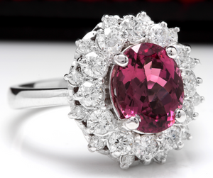 3.95 Carats Natural Very Nice Looking Pink Tourmaline and Diamond 14K Solid White Gold Ring