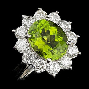 5.60 Carats Natural Green Tourmaline and Diamond 14k Solid White Gold Ring