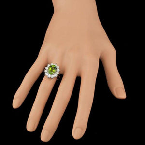 5.60 Carats Natural Green Tourmaline and Diamond 14k Solid White Gold Ring