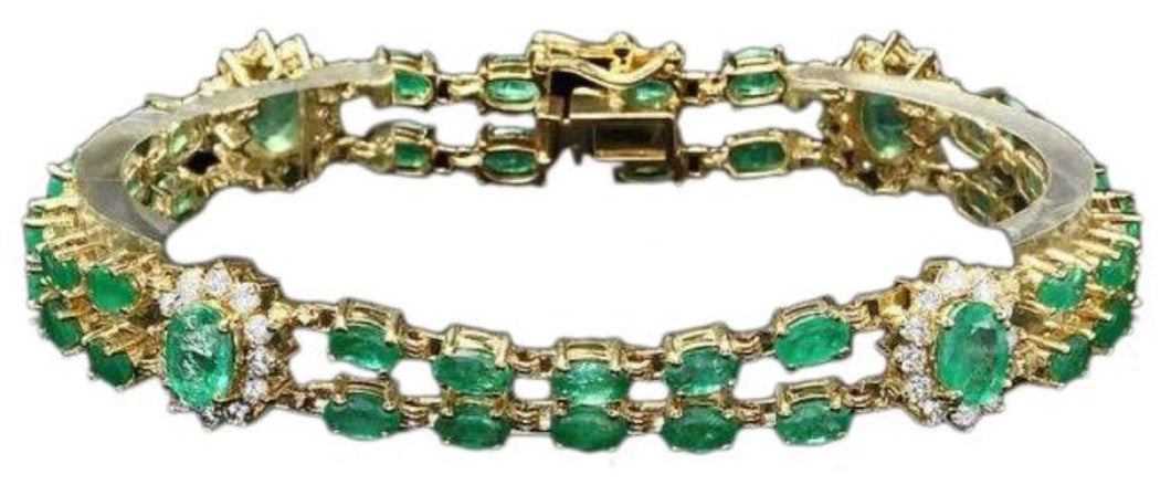 Impressive 13.30 Carats Natural Emerald & Diamond 14K Solid Yellow Gold Bracelet