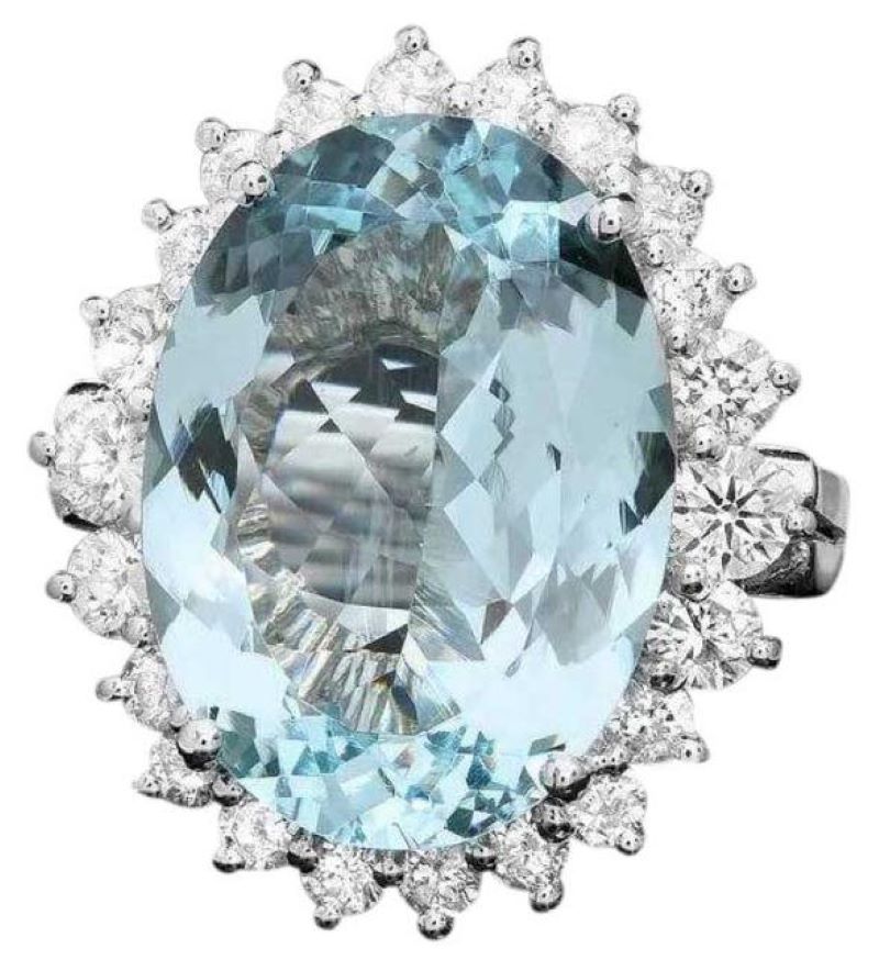 10.10 Carats Natural Aquamarine and Diamond 14K Solid White Gold Ring