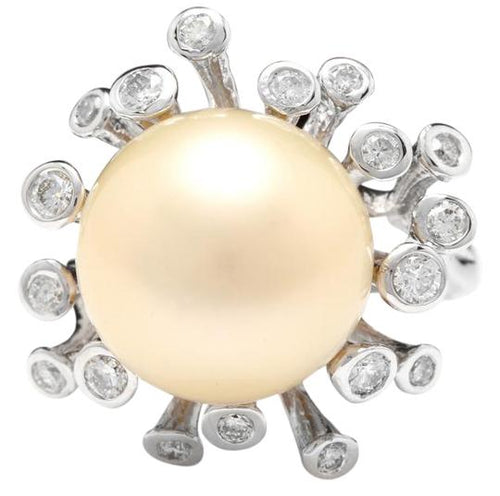 Splendid Natural 15mm South Sea Pearl and Diamond 14K Solid White Gold Ring