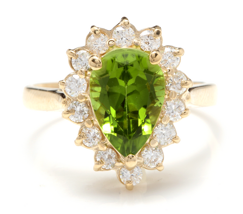 3.20 Carats Natural Very Nice Looking Peridot and Diamond 14K Solid Yellow Gold Ring