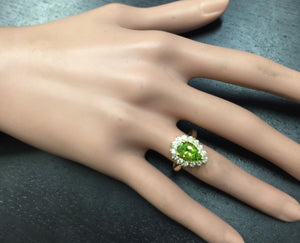 3.20 Carats Natural Very Nice Looking Peridot and Diamond 14K Solid Yellow Gold Ring