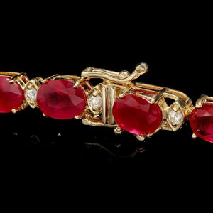 Very Impressive 26.90 Carats Natural Red Ruby & Diamond 14K Solid Yellow Gold Bracelet