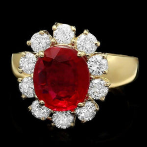 4.60 Carats Natural Red Ruby and Diamond 14k Solid Yellow Gold Ring