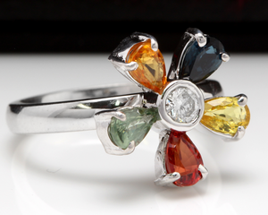 1.75 Carats Exquisite Natural Multi-Color Sapphire and Diamond 14K Solid White Gold Ring