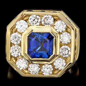 10.50 Carats Natural Sapphire and Diamond 18k Solid Yellow Gold Men's Ring