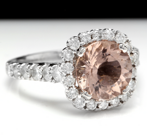 3.85 Carats Exquisite Natural Morganite and Diamond 14K Solid White Gold Ring
