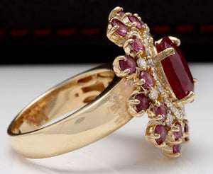 9.57 Carats Impressive Natural Red Ruby and Diamond 14K Yellow Gold Ring