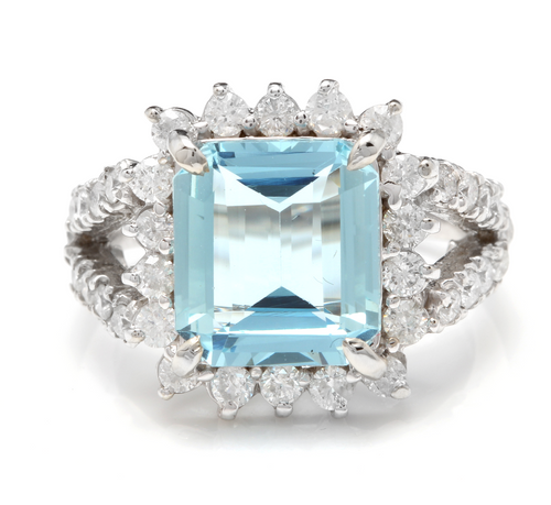 5.50 Carats Natural Aquamarine and Diamond 14K Solid White Gold Ring