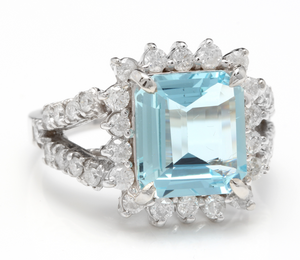 5.50 Carats Natural Aquamarine and Diamond 14K Solid White Gold Ring