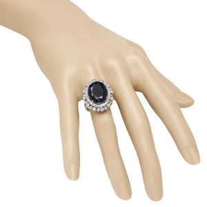 13.90 Carats Exquisite Natural Blue Sapphire and Diamond 14K Solid White Gold Ring