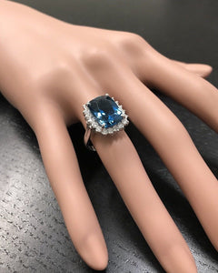 9.75 Carats Natural Impressive London Blue Topaz and Diamond 14K Yellow Gold Ring